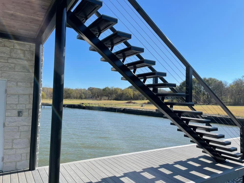different angle of the custom dock pictured looking up at the stairs