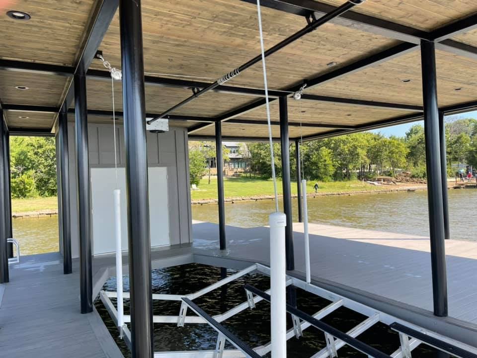 A covered boat house deck